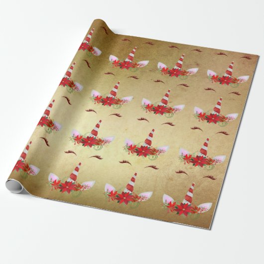 Eenhoorn Kerst Vakantie Rood Goud Bloemen Classy Cadeaupapier (Uitgerold)