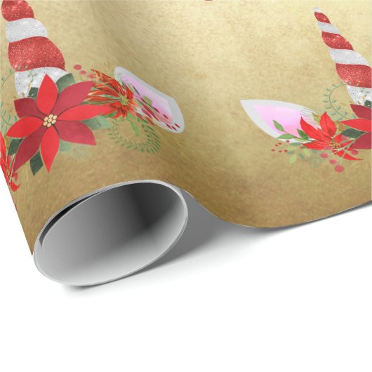 Eenhoorn Kerst Vakantie Rood Goud Bloemen Classy Cadeaupapier (Rol Hoek)