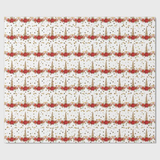Eenhoorn Kerst Vakantie Rood Goud Glitter Wit Cadeaupapier (Vlak)