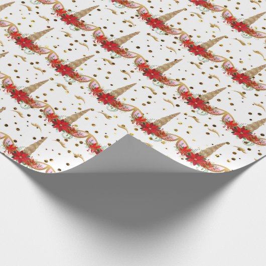 Eenhoorn Kerst Vakantie Rood Goud Glitter Wit Cadeaupapier (Hoek)