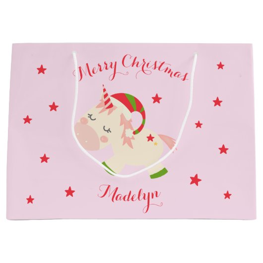 Eenhoorn kerstvakantie gepersonaliseerd roze groot cadeauzakje (Voorkant)