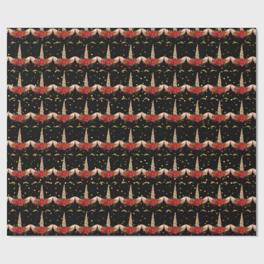 Eenhoorn Kerstvakantie Zwart Rood Goud Glitter Cadeaupapier (Vlak)