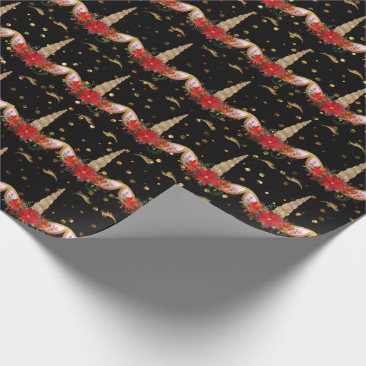 Eenhoorn Kerstvakantie Zwart Rood Goud Glitter Cadeaupapier (Hoek)