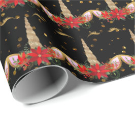 Eenhoorn Kerstvakantie Zwart Rood Goud Glitter Cadeaupapier