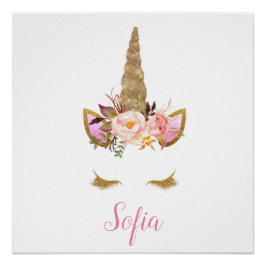 Eenhoorn Kind naam roze bloemen magische kinderkam Perfect Poster