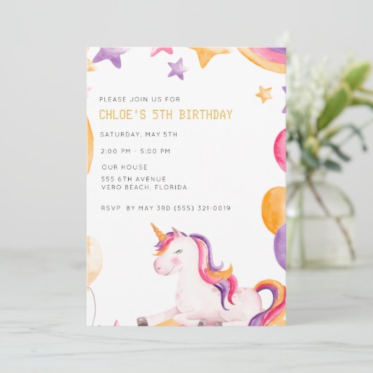 Eenhoorn Kinder Meisje 5e Verjaardagsfeestje Kaart (Staand voorkant)
