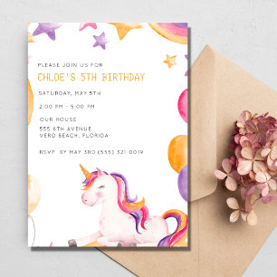 Eenhoorn Kinder Meisje 5e Verjaardagsfeestje Kaart