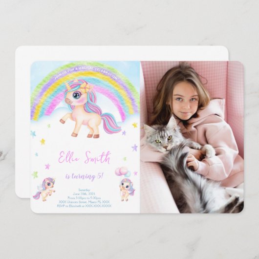Eenhoorn Kinderen Verjaardag Foto Uitnodiging  (Voorkant / Achterkant)