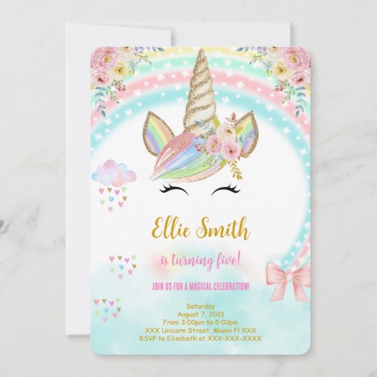 Eenhoorn kinderen Verjaardag Uitnodiging (Voorkant)