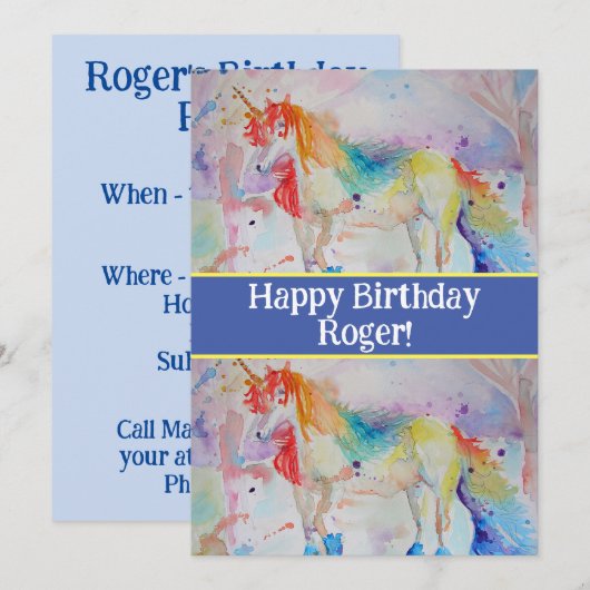 Eenhoorn Kunst Jongens Verjaardagsuitnodiging Kaart (Voorkant / Achterkant)