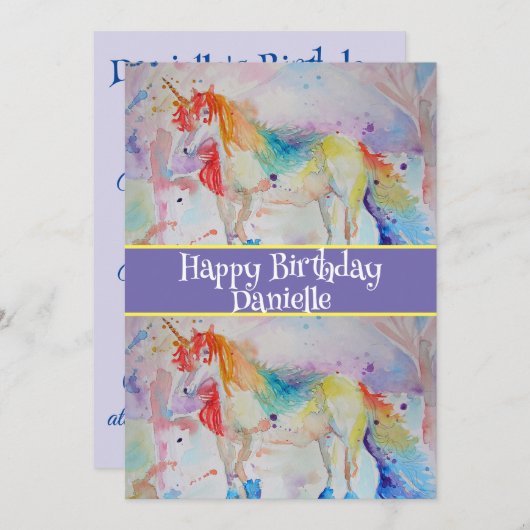 Eenhoorn Kunst Meisjes Verjaardagsuitnodiging  Kaart (Voorkant / Achterkant)