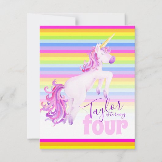 Eenhoorn kunst regenboog 4e verjaardag uitnodiging (Voorkant)