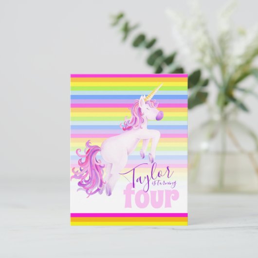 Eenhoorn kunst regenboog 4e verjaardag uitnodiging (Staand voorkant)