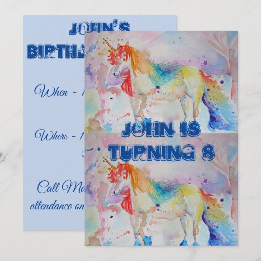 Eenhoorn Kunst Watercolour Jongens Verjaardagsuitn Kaart (Voorkant / Achterkant)