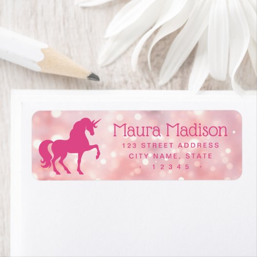 Eenhoorn lichtroze etherische bokeh retouradres etiket (Insitu)