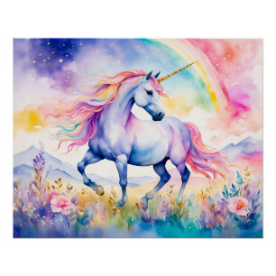 Eenhoorn loopt onder een glinsterende regenboog perfect poster
