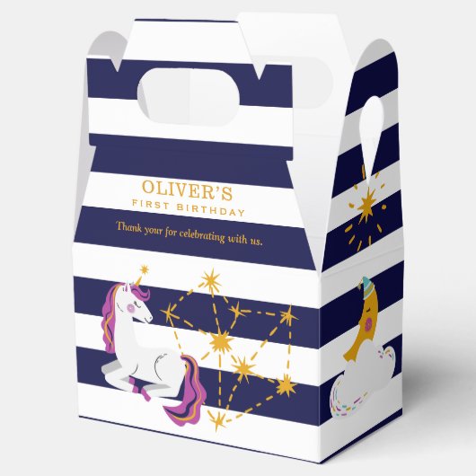 Eenhoorn Maan Sterren Blauw 1e Verjaardag Dank u Bedankdoosjes (Geopend)