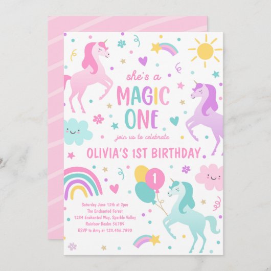 Eenhoorn Magic One Pastel Regenboog 1e Verjaardag Kaart (Voorkant / Achterkant)