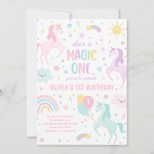 Eénhoorn Magie Eén Pastel Regenboog 1e Verjaardag Kaart (Voorkant)