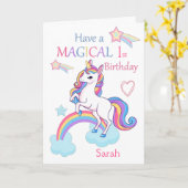 Eenhoorn Magisch 1e verjaardag Roze Kaart (Gele Bloem)