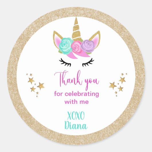 Eenhoorn magische Regenboog Dank je Feest Ronde Sticker (Voorkant)