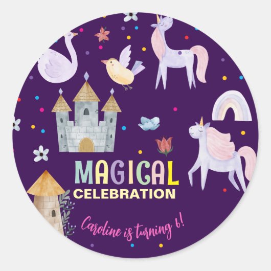 Eenhoorn magische viering verjaardag kinder ronde sticker (Voorkant)