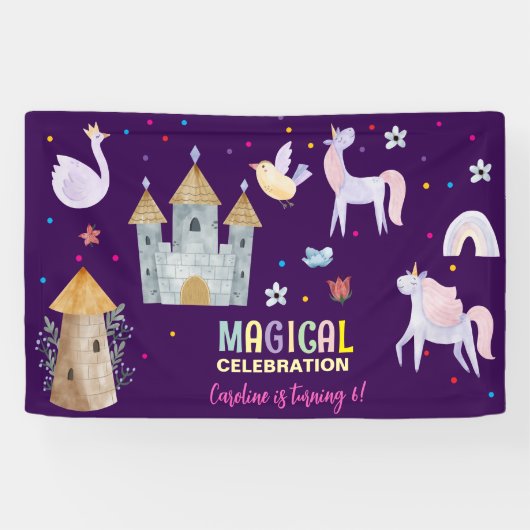 Eenhoorn magische viering verjaardag kinder spandoek (Horizontaal)