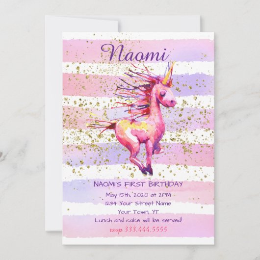 Eenhoorn Magische Waterverf Meisje Eerste Verjaard Kaart (Voorkant)