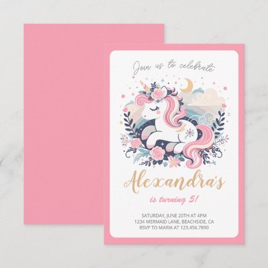 Eenhoorn Meisje Magische Pastel Roze Verjaardagsfe (Voorkant / Achterkant)