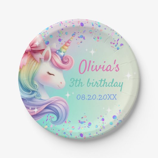 Eenhoorn Meisje Magische Pastelregenboog Verjaarda Papieren Bordje (Voorkant)