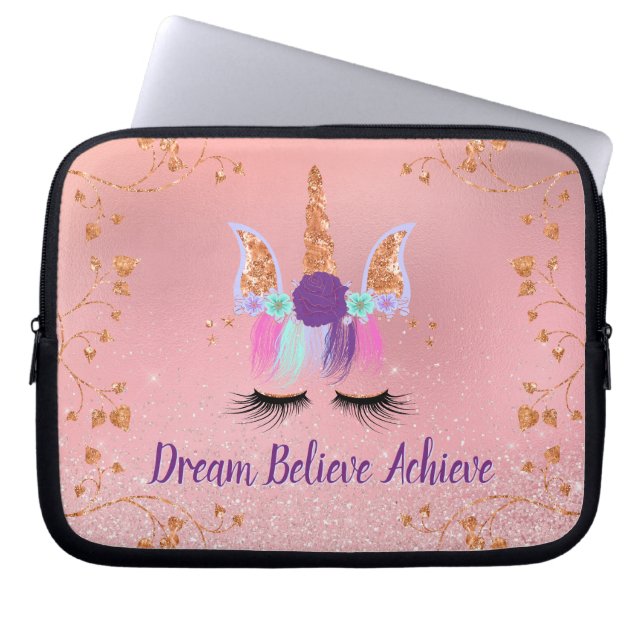 Eenhoorn Meisje Roze Droom Believe Achieve Laptop Sleeve (Voorkant)