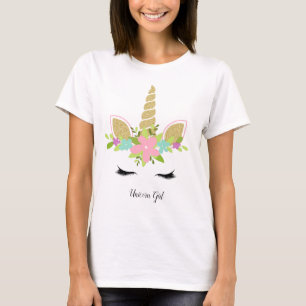 Eenhoorn Meisje Schattige Gouden Glitter Bloemen O T-shirt