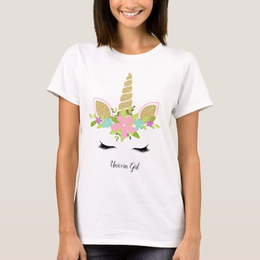 Eenhoorn Meisje Schattige Gouden Glitter Bloemen O T-shirt (Voorkant)