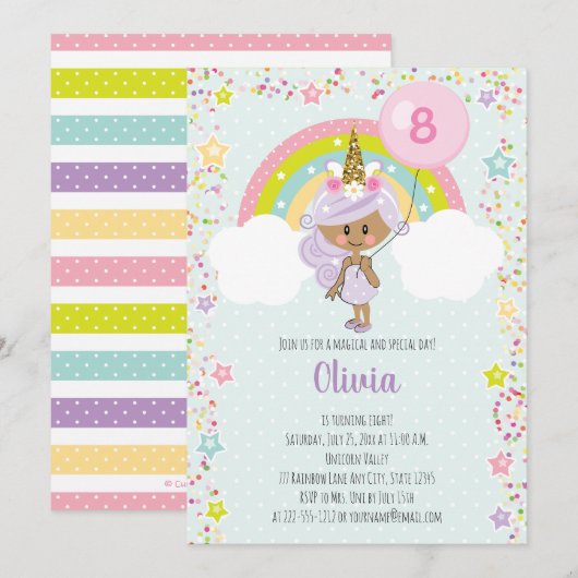 Eenhoorn Meisje Verjaardagsuitnodiging Elke Leefti Kaart (Voorkant / Achterkant)