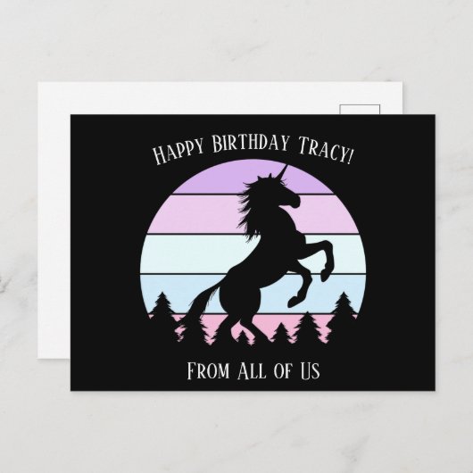 Eenhoorn met achtergrond zonsondergang naam datum briefkaart (Voorkant / Achterkant)