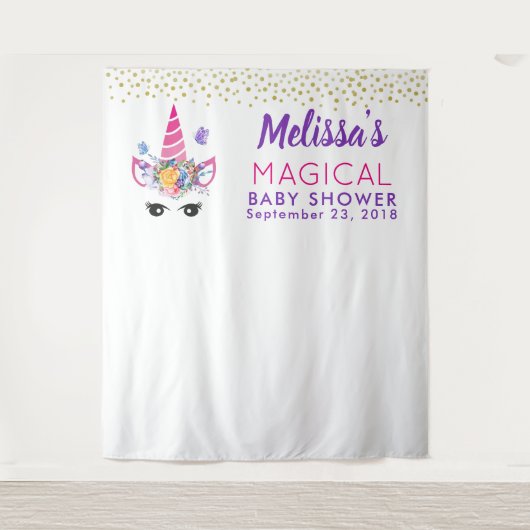 Eenhoorn met Bloemen & Confetti Foto Achtergrond Wandkleed (Voorkant)