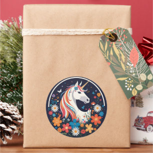 Eenhoorn met bloemen en vlinders Navy Blue Ronde Sticker