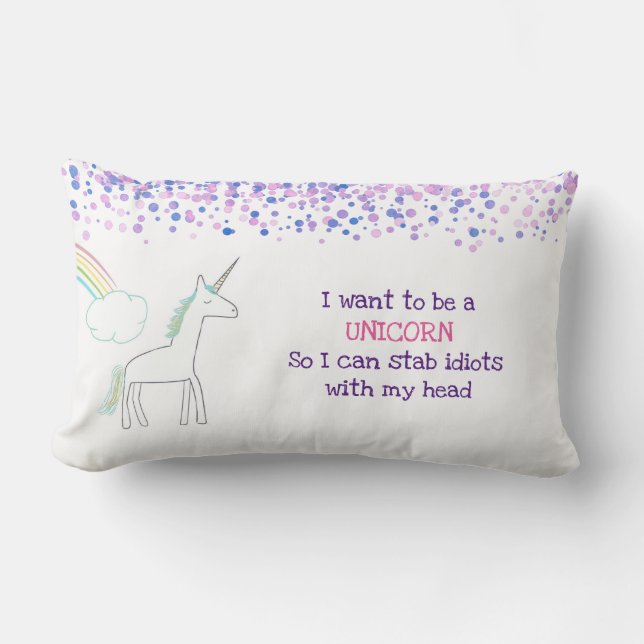 Eenhoorn met Regenboog en Confetti Grappig Gezegde Kussen (Voorkant)