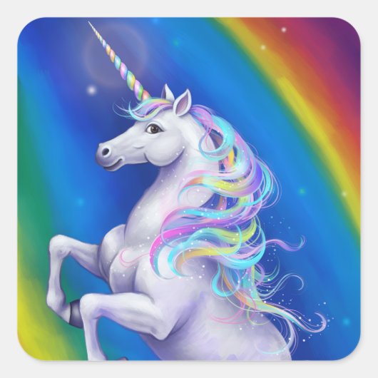 Eenhoorn met Regenboog Vierkante Sticker (Voorkant)
