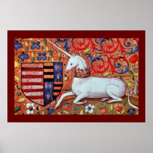 EENHOORN MET RODE BLAUWE BLOEMMOTIEVEN POSTER