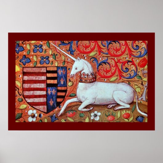EENHOORN MET RODE BLAUWE BLOEMMOTIEVEN POSTER (Voorkant)