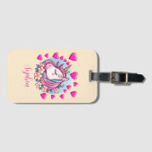 Eenhoorn met roze hartjes & bloemen, naam, crème bagagelabel (Voorkant (horizontaal))
