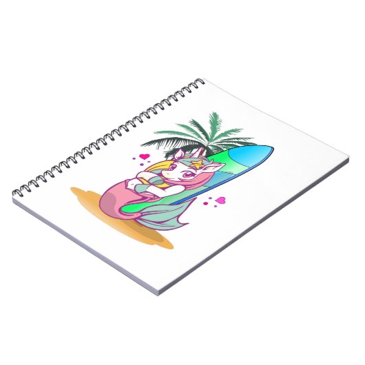 Eenhoorn met surfplank op het strand notitieboek (Linkerzijde)