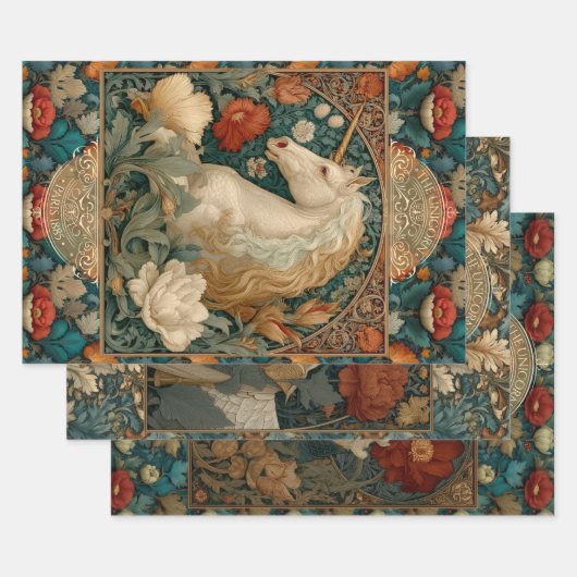  Eenhoorn Middeleeuwse Boho Art Nouveau Inpakpapier Vel (Set)