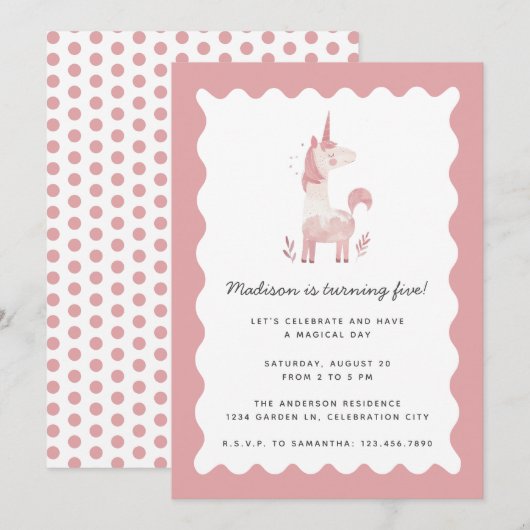 Eenhoorn Modern Magisch Roze Wavy Lijst Verjaardag Kaart (Voorkant / Achterkant)