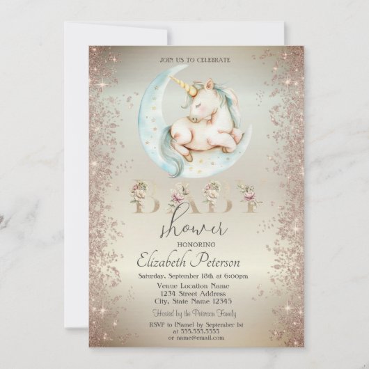 Eenhoorn Moon Gold Glitter Confetti Baby shower Kaart (Voorkant)