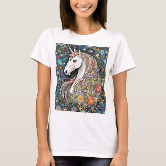 Eenhoorn Mythische Bloemen Paard T-shirt (Voorkant)