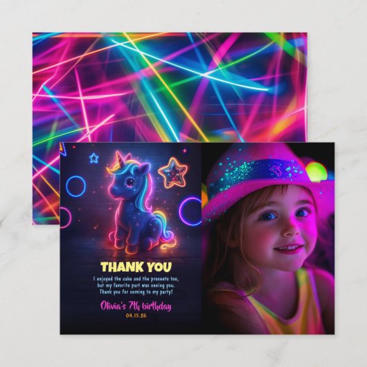 Eenhoorn Neon Verjaardagsfeest Dank u Foto Bedankkaart (Voorkant / Achterkant)