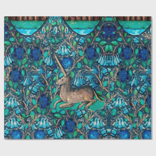 EENHOORN ONDER BLAUWE BLOEMEN Aqua Blue Green Bloe Cadeaupapier