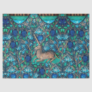 EENHOORN ONDER BLAUWE BLOEMEN Aqua Blue Green Bloe Tissuepapier